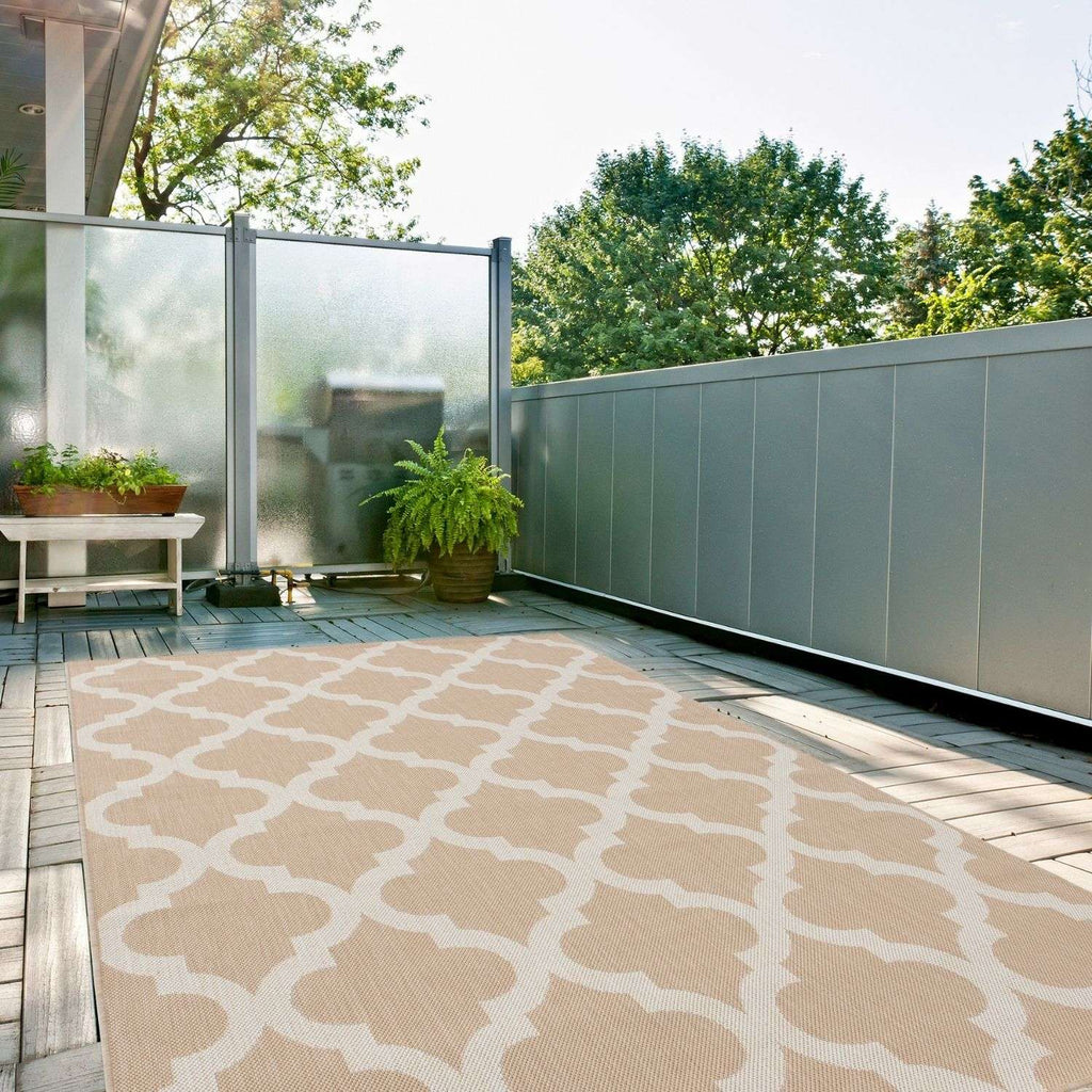 Ecology Outdoor Rug | Beige Moroccan Trellis Flatweave | Weatherproof Polypropylene