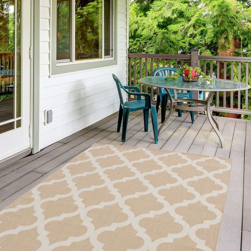 Ecology Outdoor Rug | Beige Moroccan Trellis Flatweave | Weatherproof Polypropylene