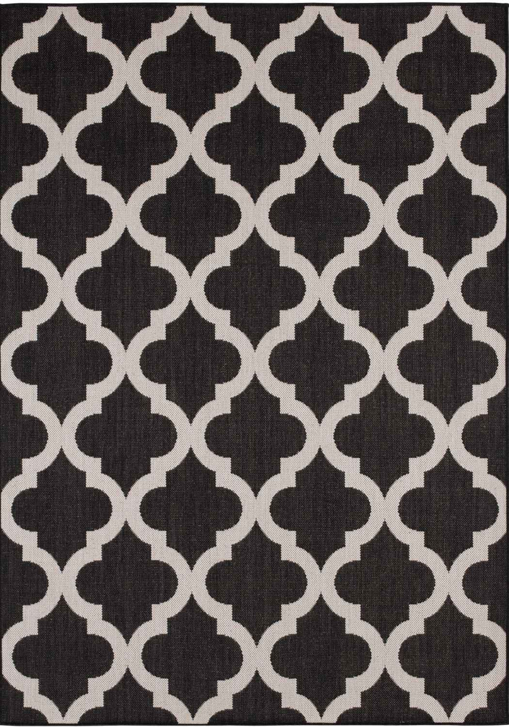 Ecology Outdoor Rug in black Moroccan trellis weatherproof polypropylene