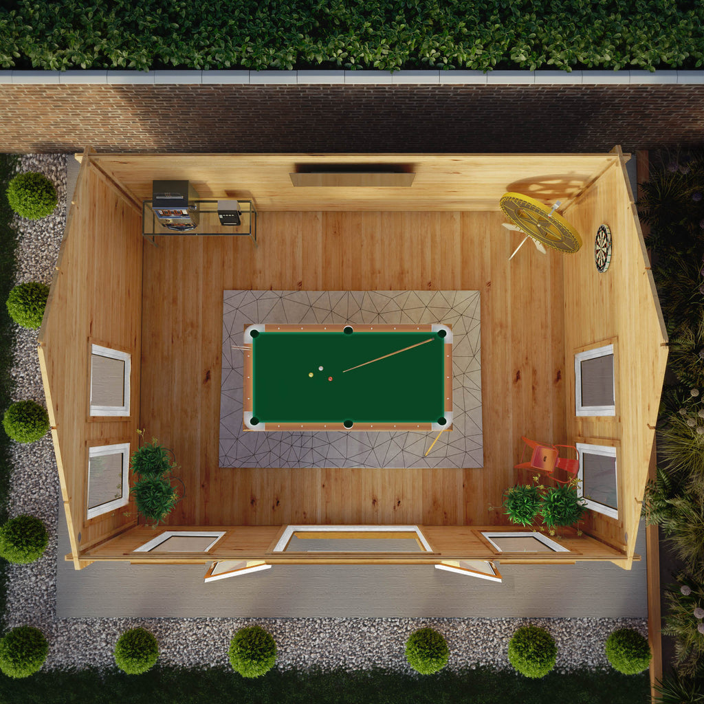 Mercia Clock Tower Log Cabin lifestyle aerial view in garden