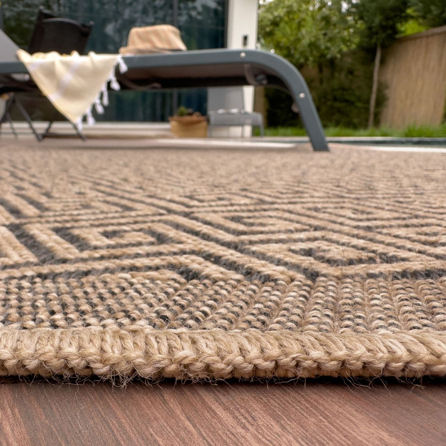 Nature Outdoor Rug | Dark Grey Greek Key Flatweave | OEKO-TEX Certified