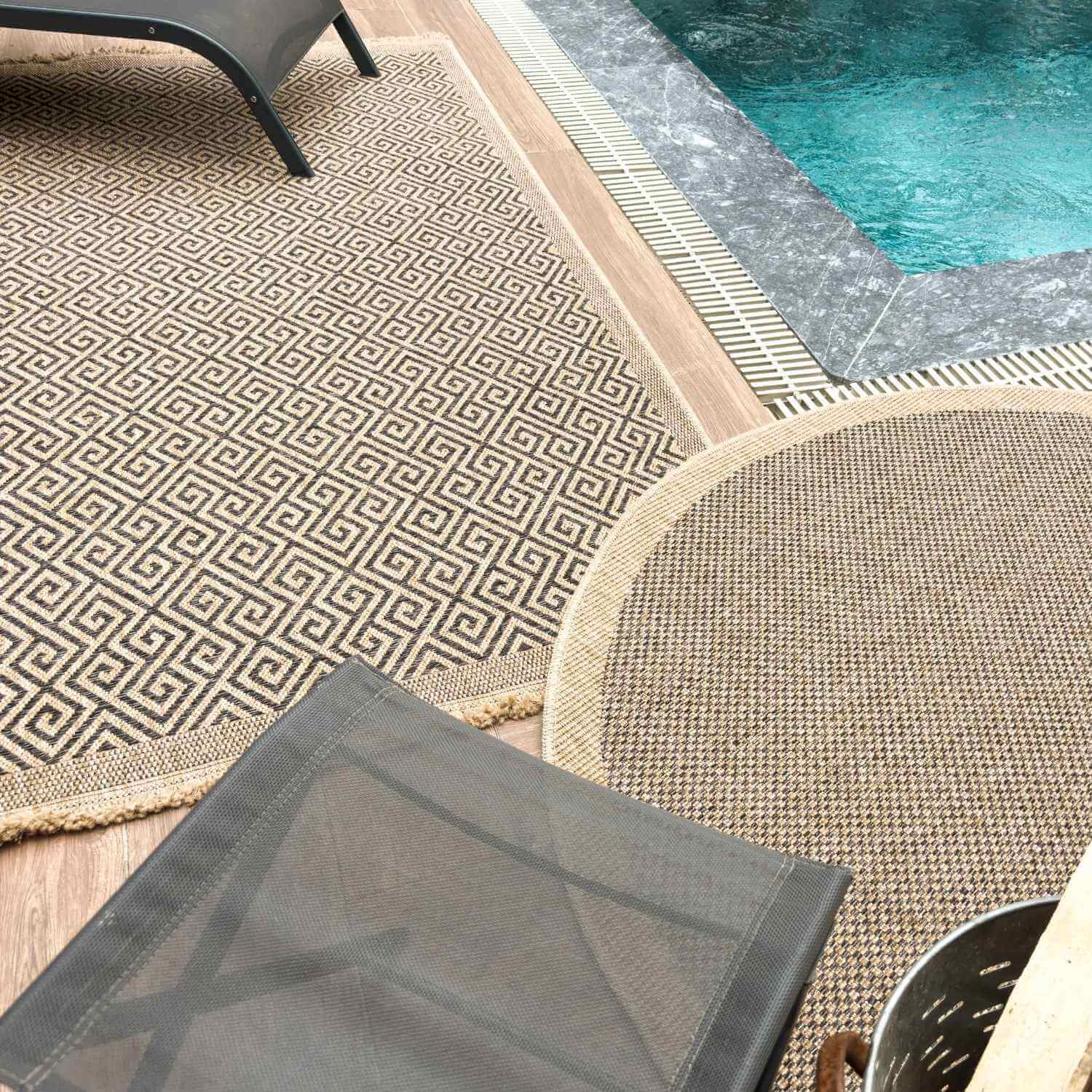 Nature Outdoor Rug | Dark Grey Greek Key Flatweave | OEKO-TEX Certified