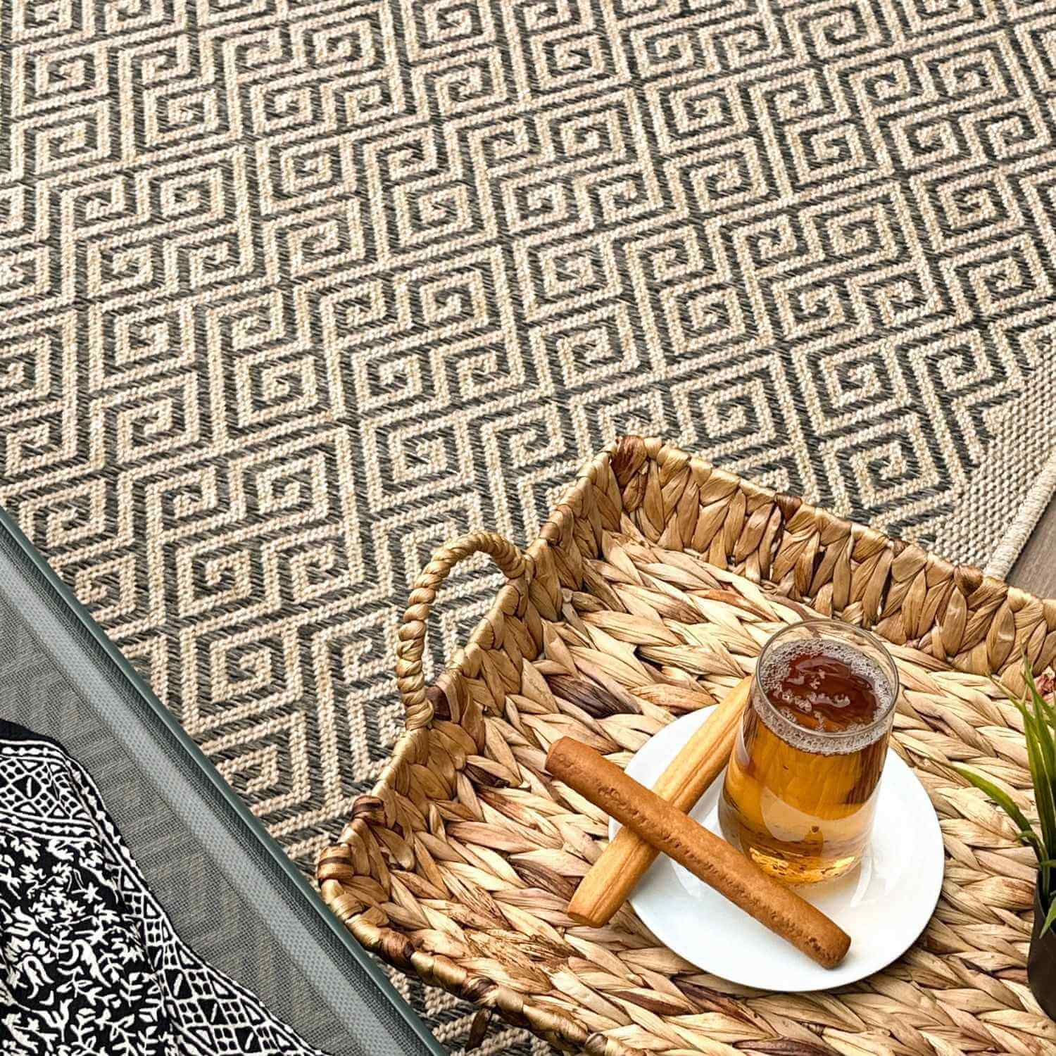 Nature Outdoor Rug | Dark Grey Greek Key Flatweave | OEKO-TEX Certified