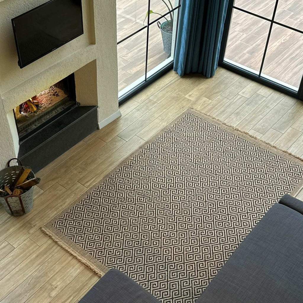 Nature Outdoor Rug | Dark Grey Greek Key Flatweave | OEKO-TEX Certified