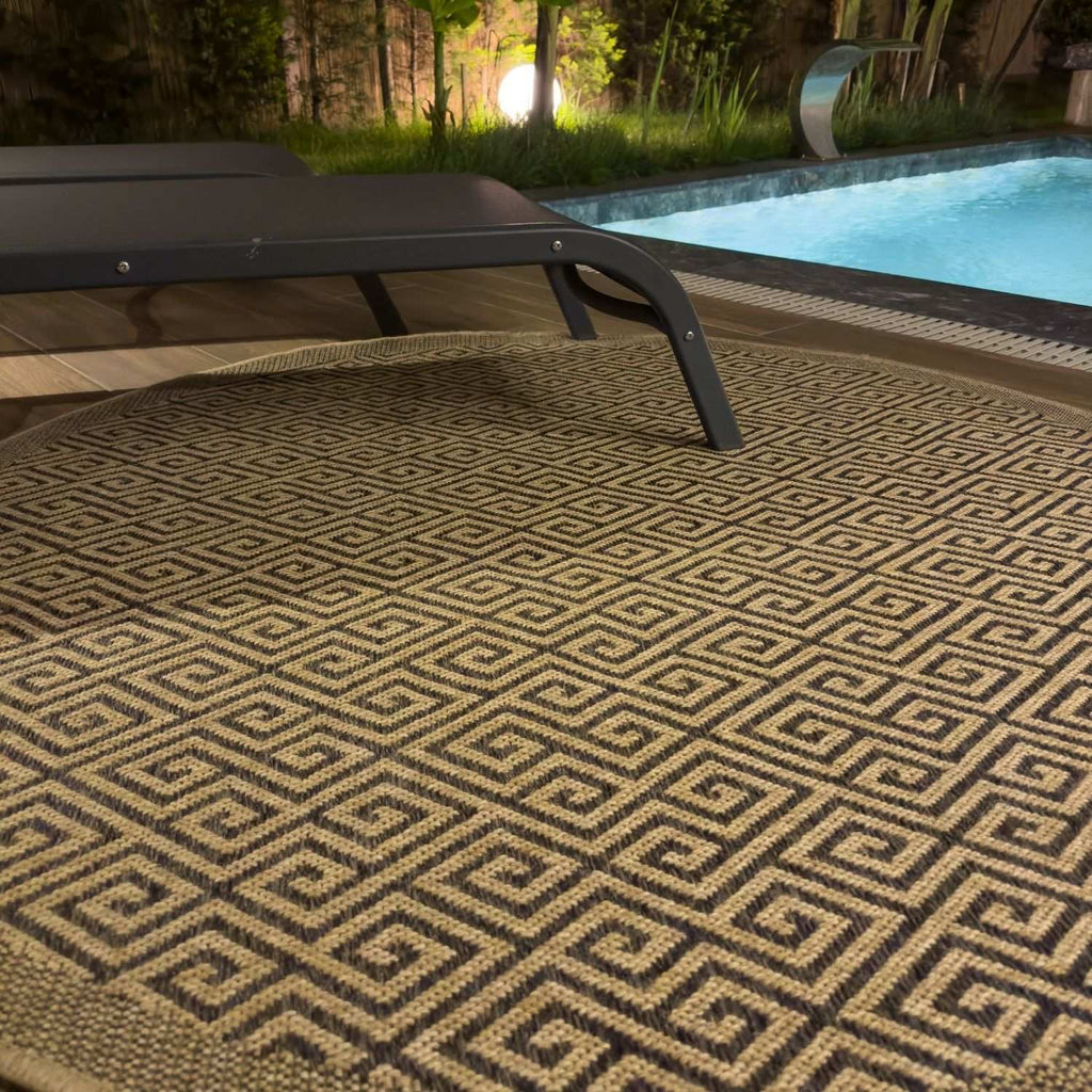 Nature Outdoor Rug | Dark Grey Greek Key Flatweave | OEKO-TEX Certified