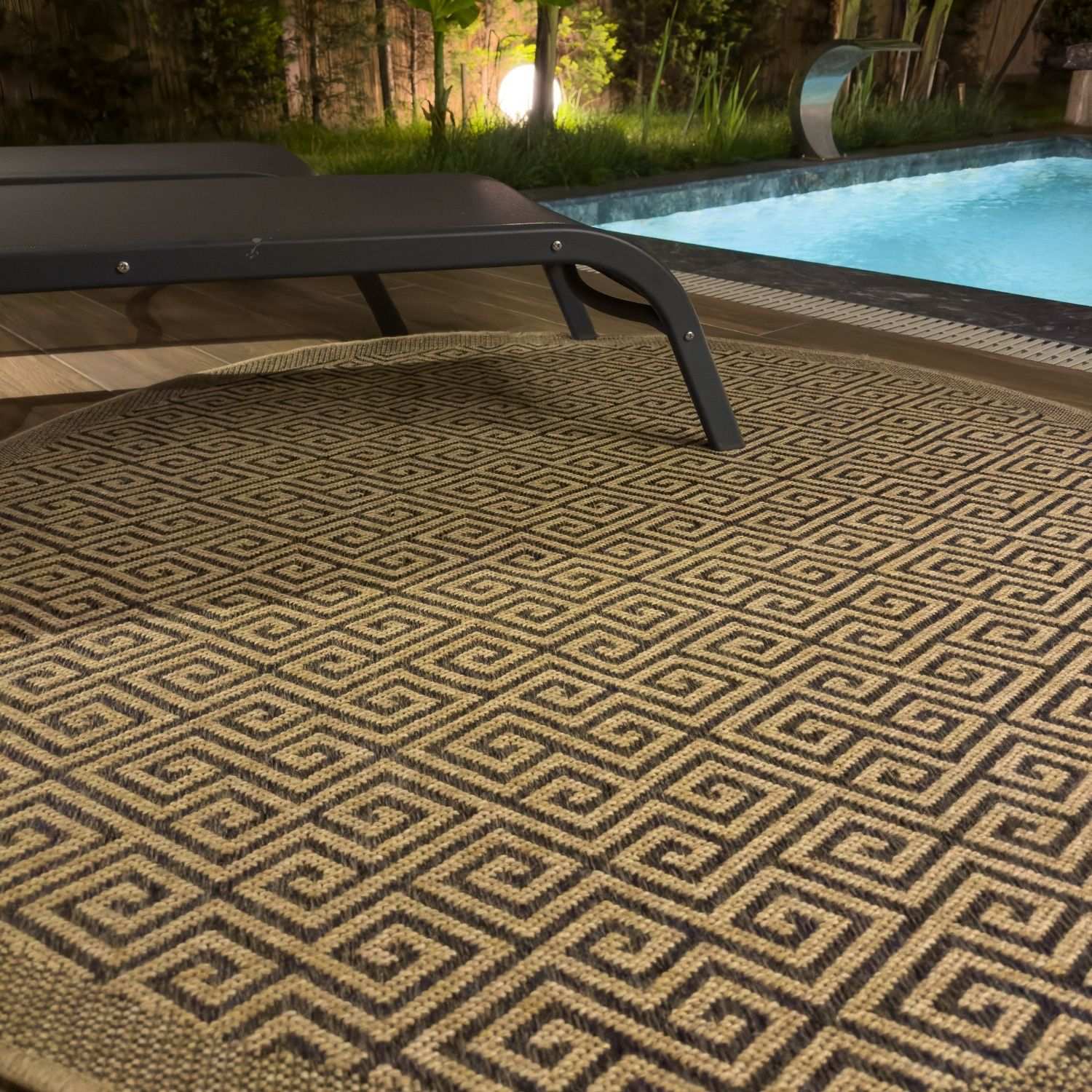 Nature Outdoor Rug | Dark Grey Greek Key Flatweave | OEKO-TEX Certified