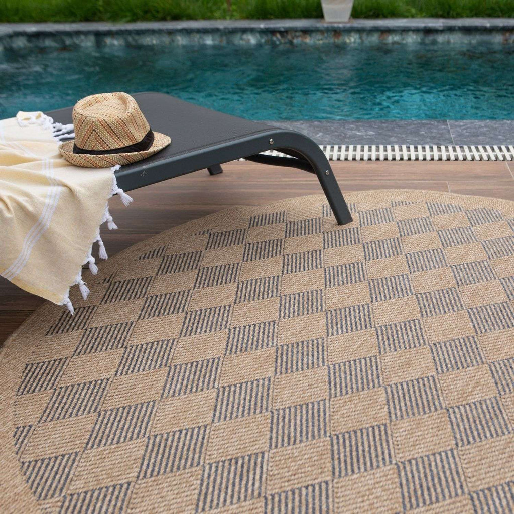 Nature Outdoor Rug | Blue Fringed Geometric Flatweave | OEKO-TEX Certified