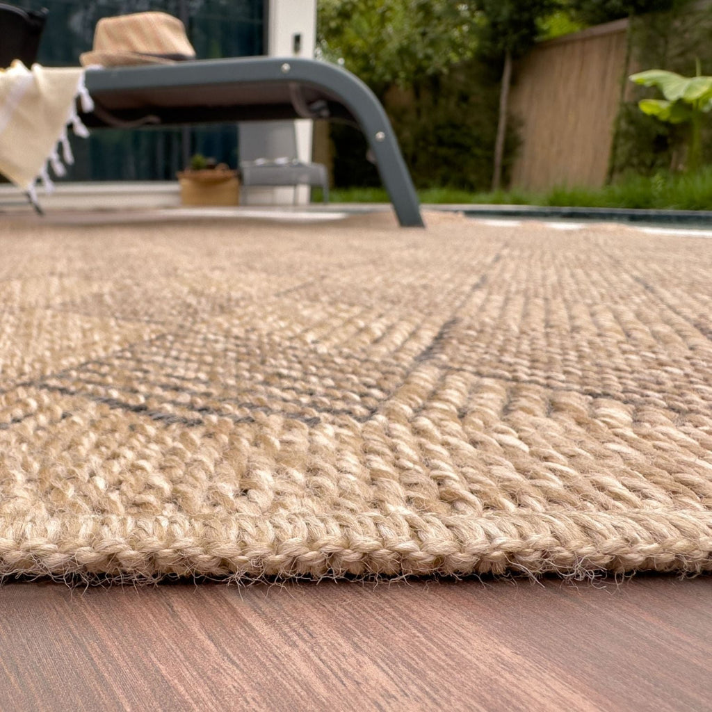 Nature Outdoor Rug | Dark Grey Fringed Geometric Flatweave | OEKO-TEX Certified
