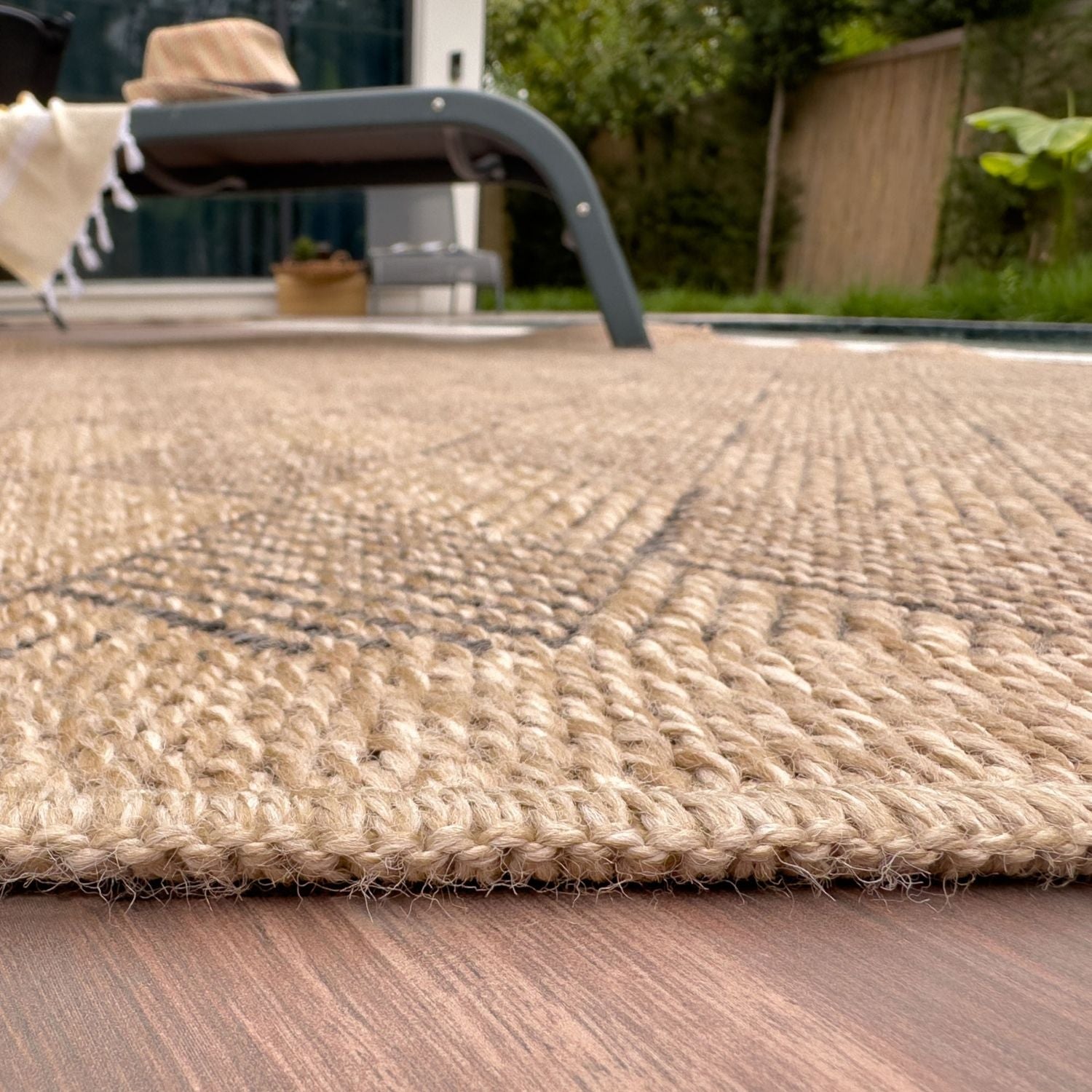 Nature Outdoor Rug | Dark Grey Fringed Geometric Flatweave | OEKO-TEX Certified