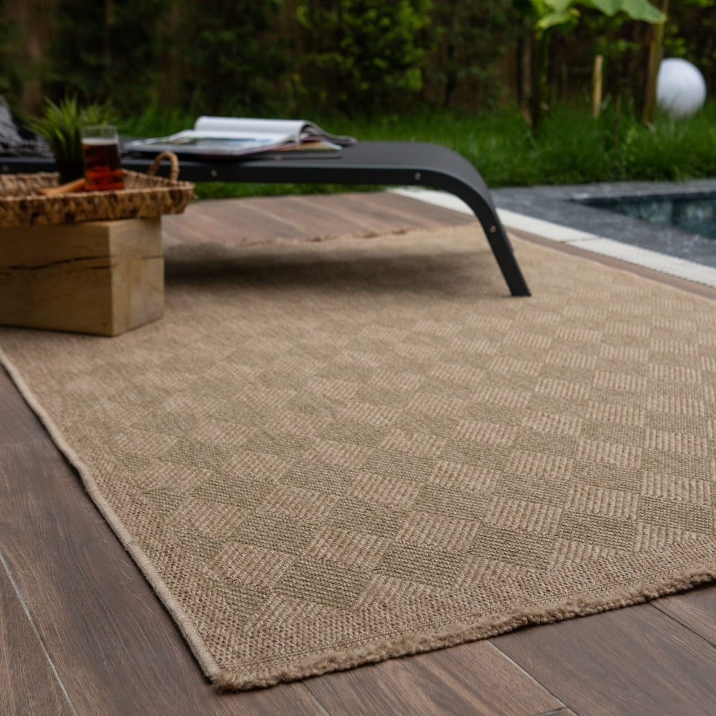 Nature Outdoor Rug | Green Fringed Geometric Flatweave | OEKO-TEX Certified