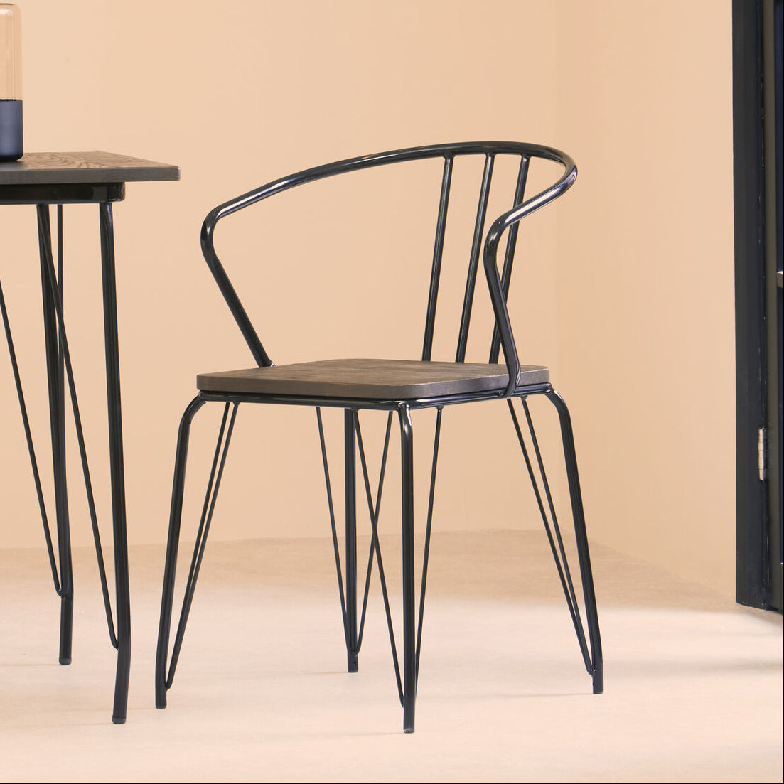 District Dining Armchair | Dark Elm Wood and Black Metal Dining Chair