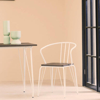 District Dining Armchair | Dark Elm Wood and White Metal Dining Chair