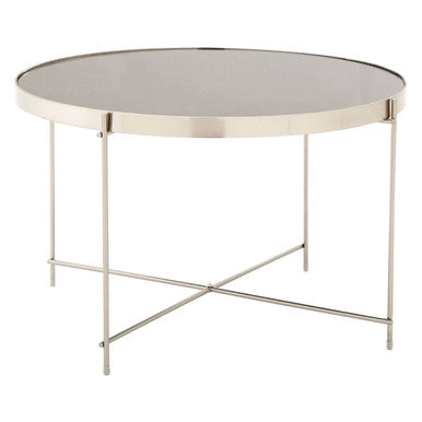Allure Side Table | Grey Mirrored Glass Round Side Table with Brushed Nickel Frame