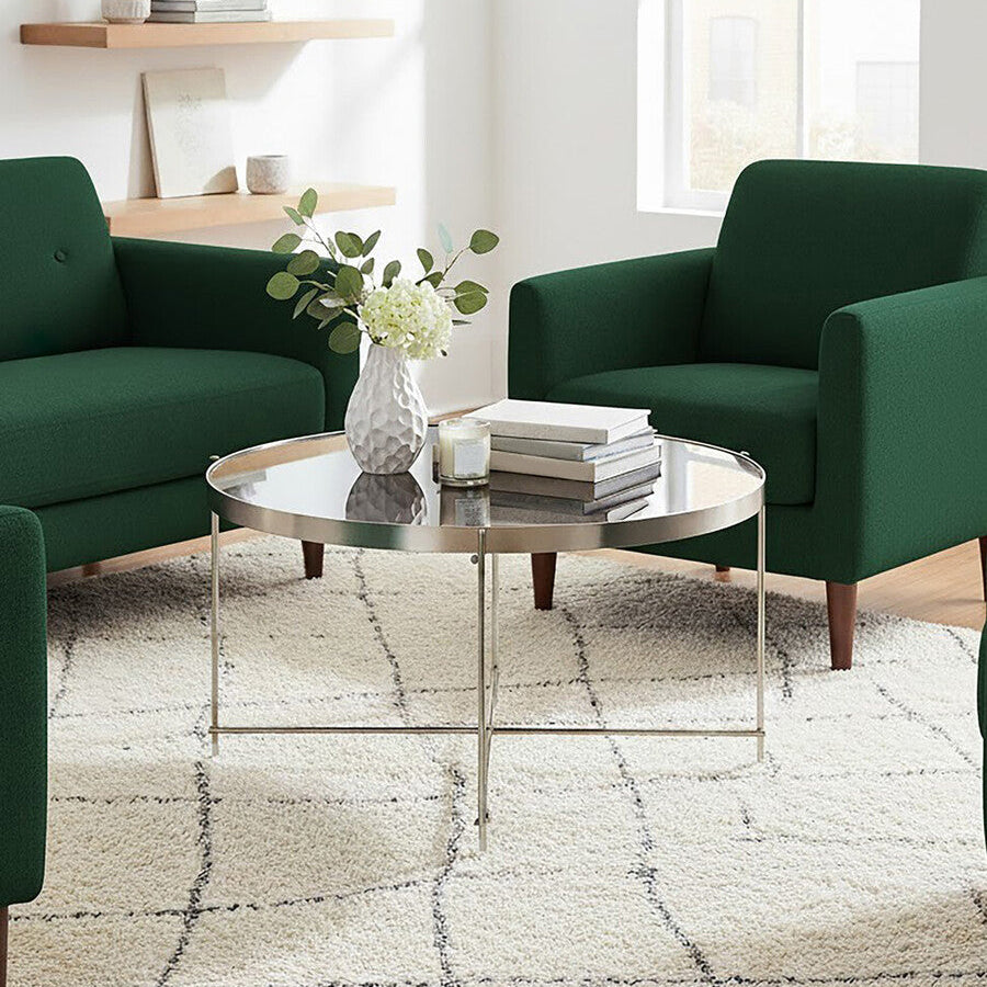Allure Side Table | Grey Mirrored Glass Round Side Table with Brushed Nickel Frame