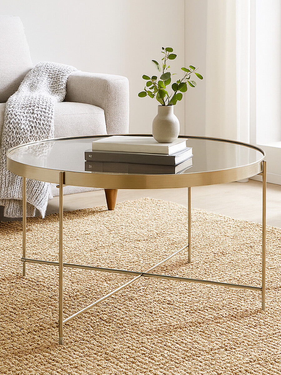 Allure Side Table | Grey Mirrored Glass Round Side Table with Brushed Nickel Frame