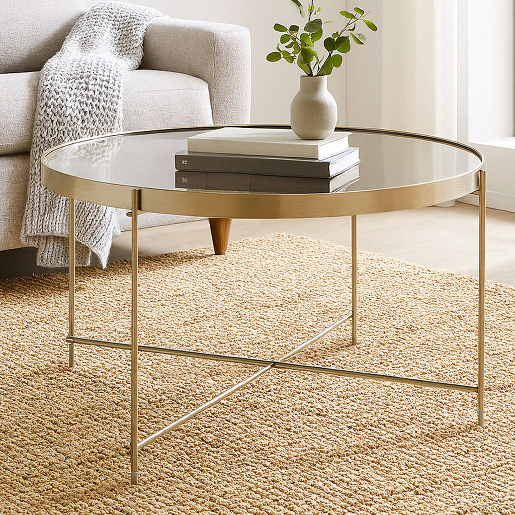 Allure Side Table | Grey Mirrored Glass Round Side Table with Brushed Nickel Frame