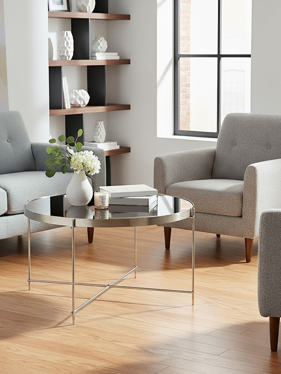 Allure Side Table | Grey Mirrored Glass Round Side Table with Brushed Nickel Frame
