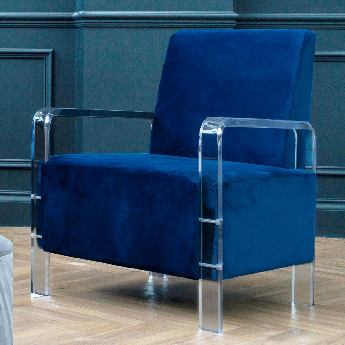 Clarence Armchair | Navy Blue Velvet Armchair with Acrylic Legs