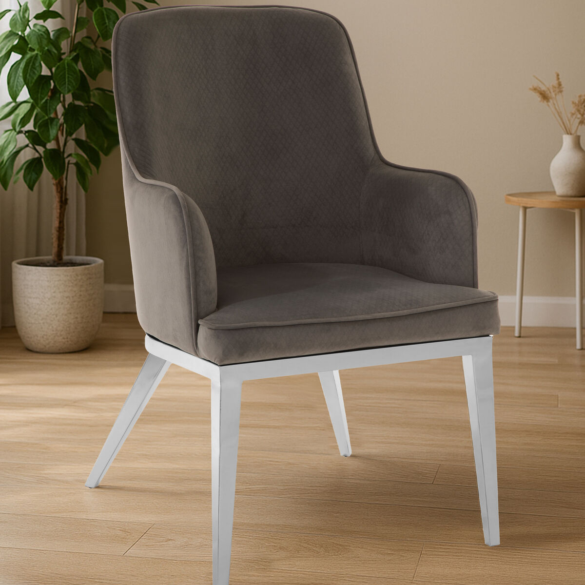 Eliza Dining Chair | Grey Velvet Dining Chair with Silver Finish Legs