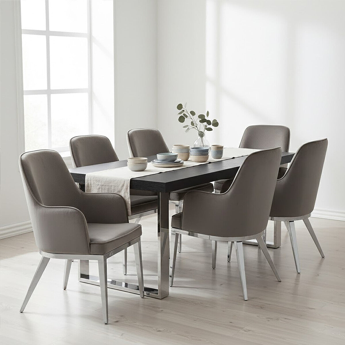 Eliza Dining Chair | Grey Velvet Dining Chair with Silver Finish Legs