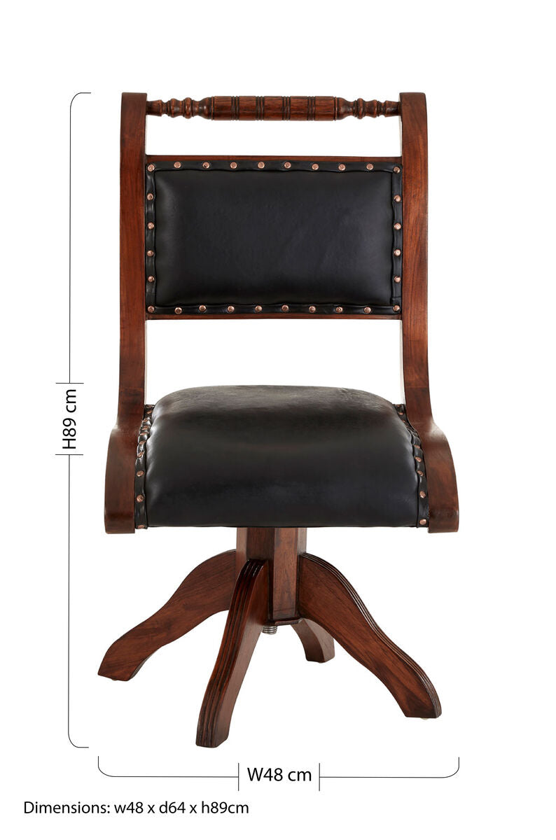 Inca Swivel Chair | Black Leather and Teak Wood Swivel Chair