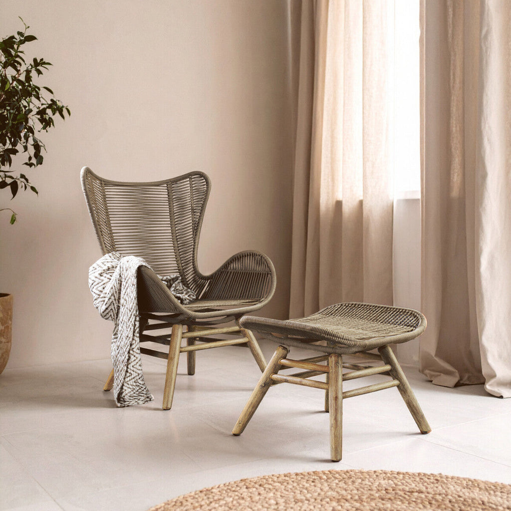 Sisal Lounge Chair & Footstool | Latte Woven Rope Lounge Chair and Footstool Set
