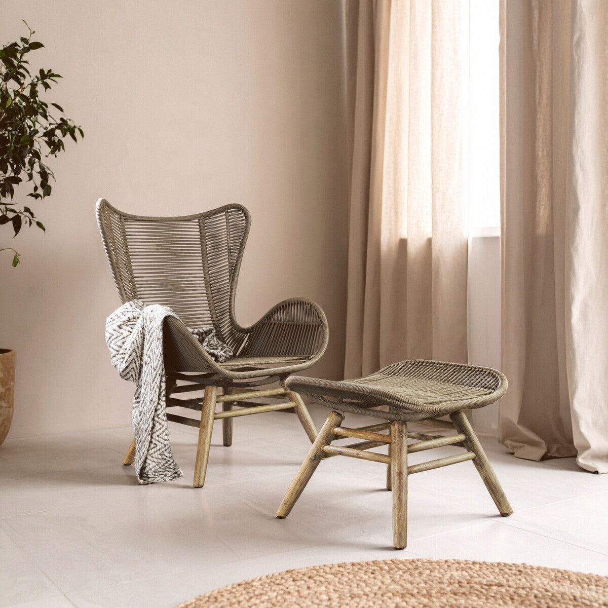 Sisal Lounge Chair & Footstool | Latte Woven Rope Lounge Chair and Footstool Set