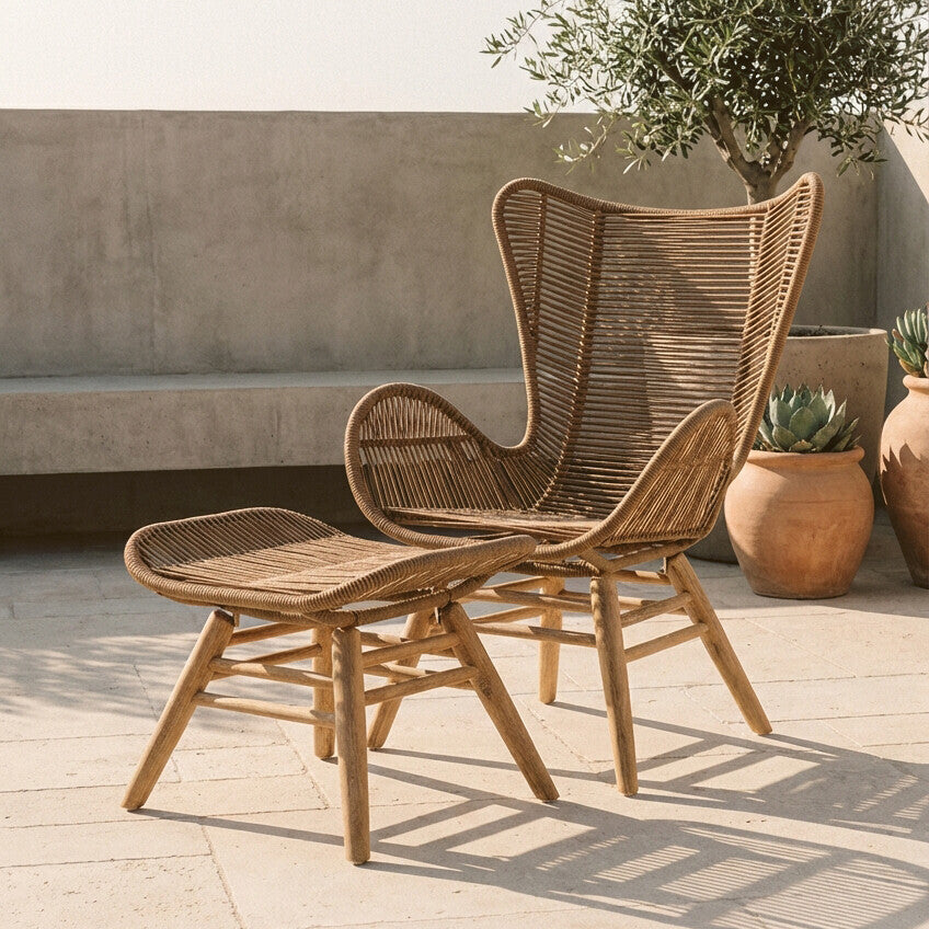 Sisal Lounge Chair & Footstool | Latte Woven Rope Lounge Chair and Footstool Set