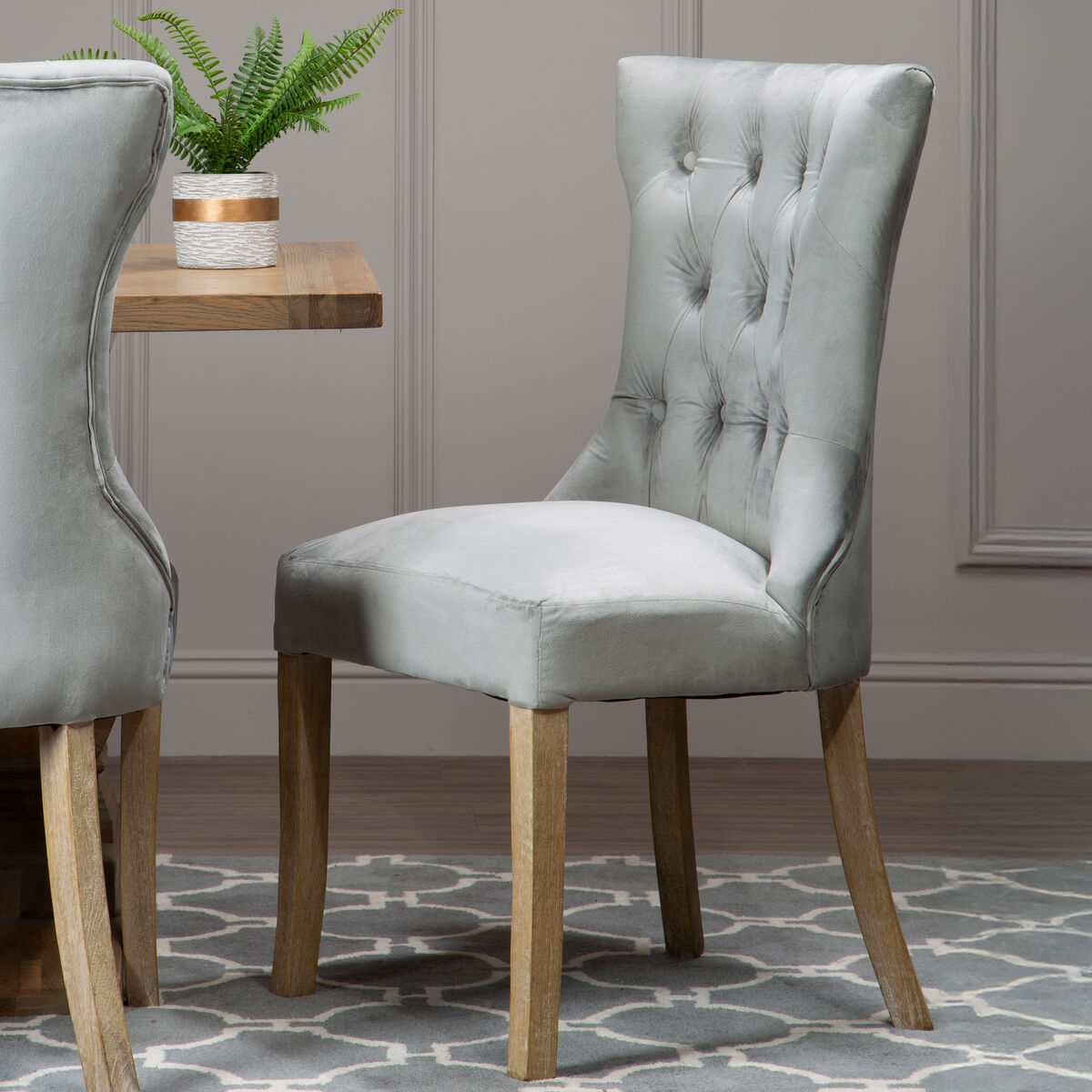 Kensington Townhouse Dining Chair | Grey Velvet Button Tufted Dining Chair