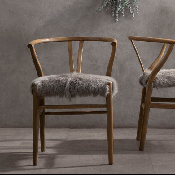Hazel Dining Chair | Natural Oak Wood and Grey Fur Dining Chair