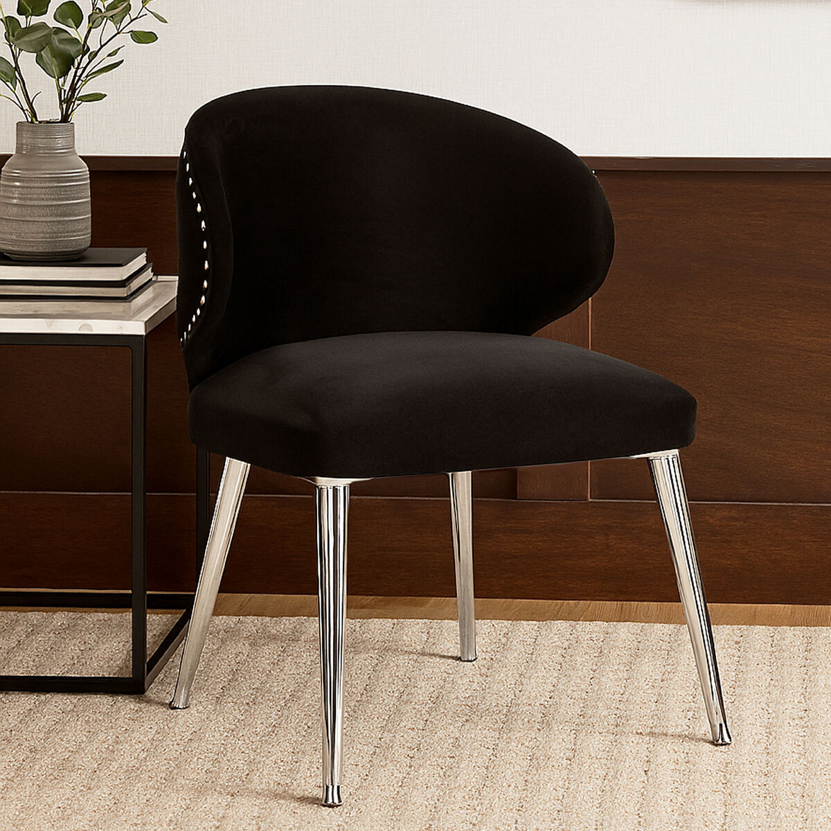Piermount Dining Chair | Black Velvet Dining Chair with Silver Finish Legs