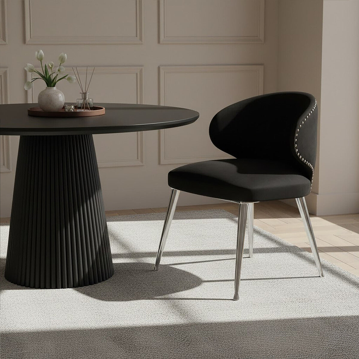 Piermount Dining Chair | Black Velvet Dining Chair with Silver Finish Legs