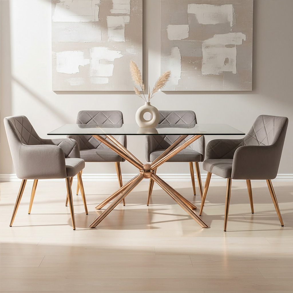 Tamzin Mink Velvet Quilted Dining Chair with Gold Finish Legs