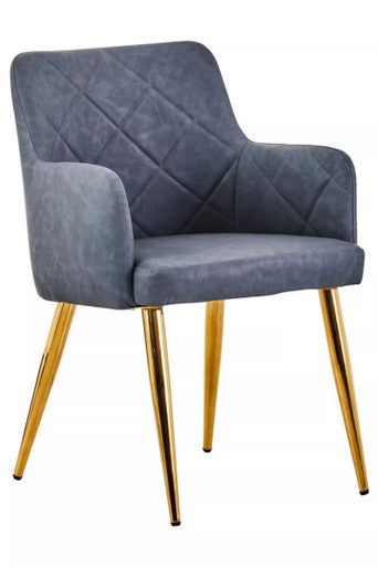 Tamzin Dining Chair | Dark Grey Leather Effect Quilted Dining Chair with Gold Finish Legs