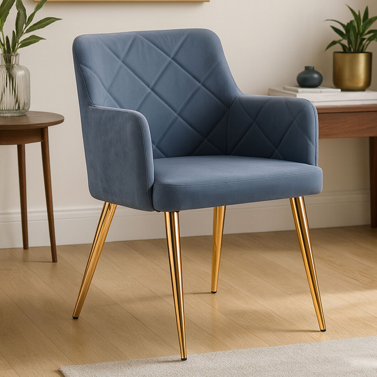 Tamzin Dining Chair | Dark Grey Leather Effect Quilted Dining Chair with Gold Finish Legs