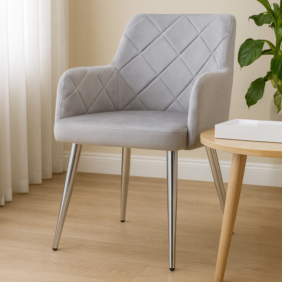 Tamzin Dining Chair | Mink Velvet Quilted Dining Chair with Chrome Finish Legs