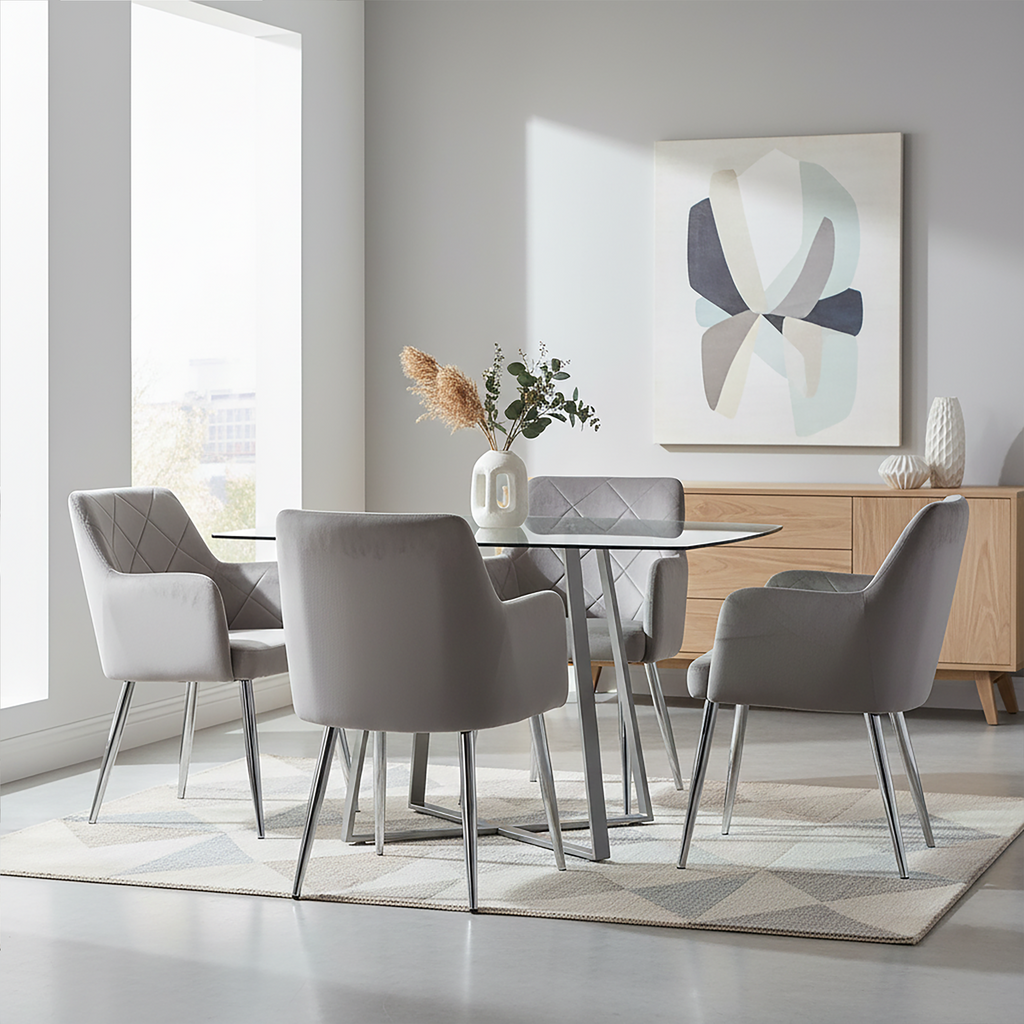 Tamzin Dining Chair | Mink Velvet Quilted Dining Chair with Chrome Finish Legs