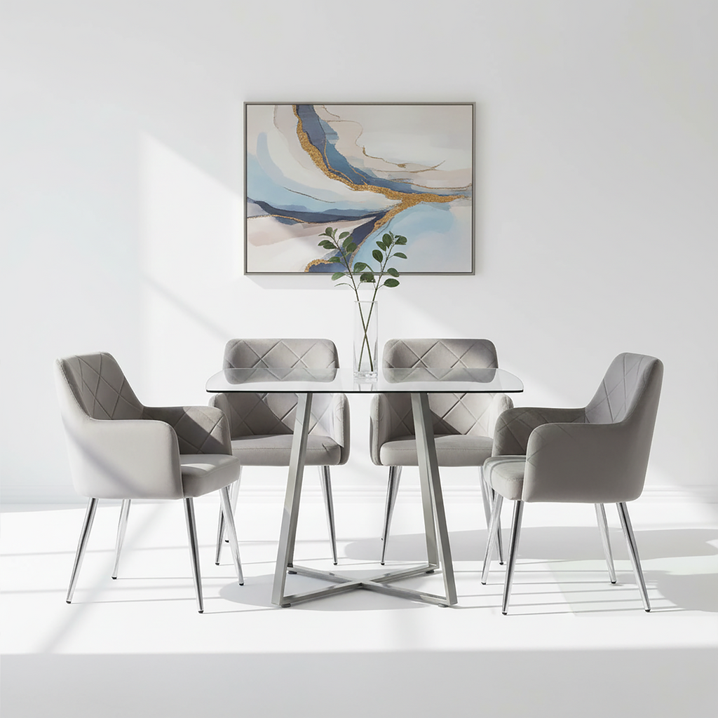 Tamzin Dining Chair | Mink Velvet Quilted Dining Chair with Chrome Finish Legs