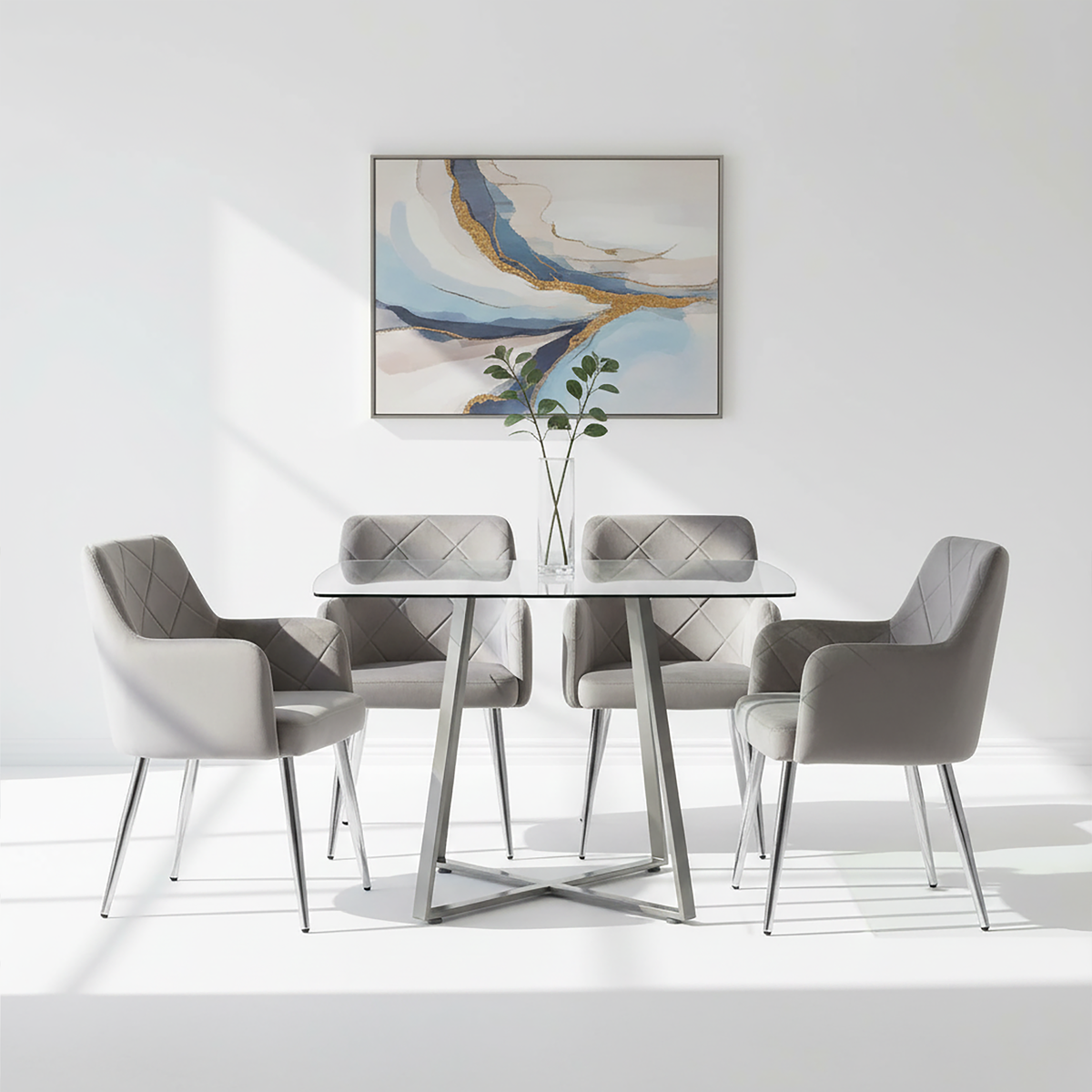 Tamzin Dining Chair | Mink Velvet Quilted Dining Chair with Chrome Finish Legs