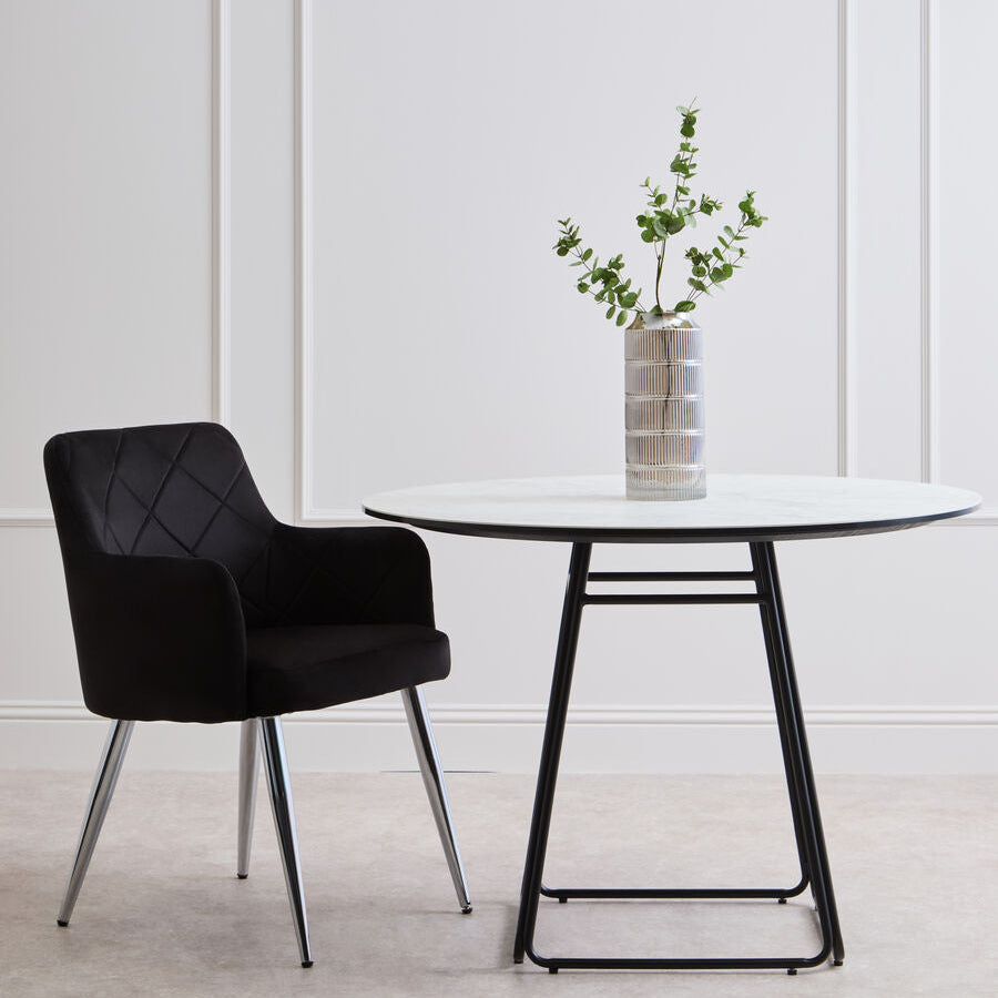 Tamzin Dining Chair | Black Velvet Quilted Dining Chair with Chrome Finish Legs