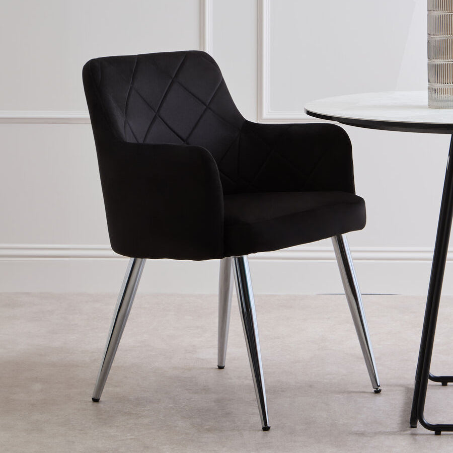 Tamzin Dining Chair | Black Velvet Quilted Dining Chair with Chrome Finish Legs
