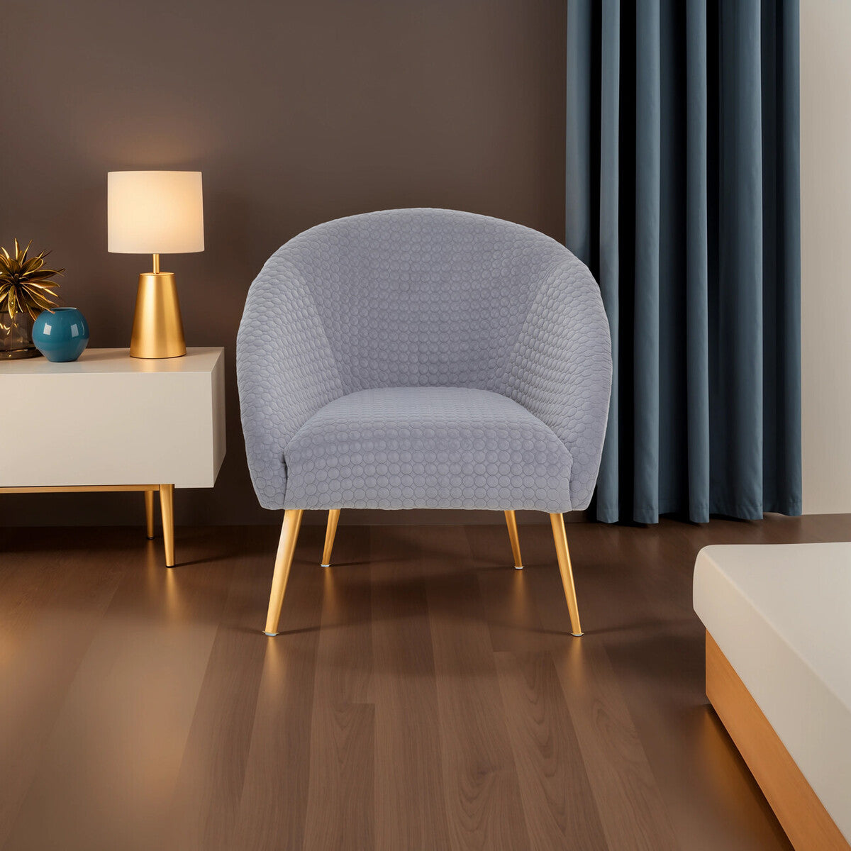 Tania Accent Chair | Grey Velvet Statement Chair with Gold Finish Legs
