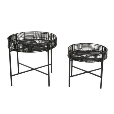 Batu Side Table Set | Black Rattan and Metal Set of 2 Side Tables