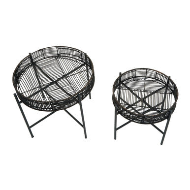 Batu Side Table Set | Black Rattan and Metal Set of 2 Side Tables