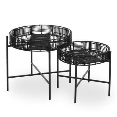 Batu Side Table Set | Black Rattan and Metal Set of 2 Side Tables