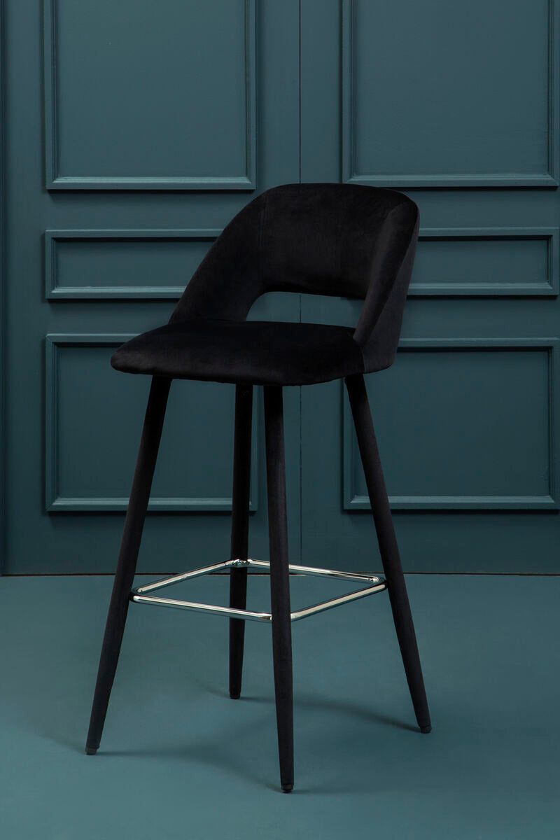 Warren Bar Chair | Black Velvet Bar Chair with Silver Finish Footrest