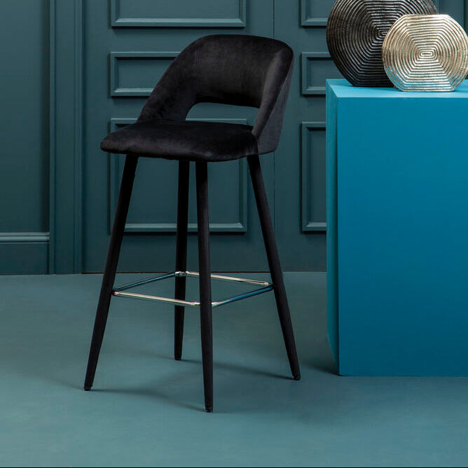 Warren Bar Chair | Black Velvet Bar Chair with Silver Finish Footrest
