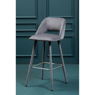 Warren Bar Chair | Grey Velvet Bar Chair with Silver Finish Footrest