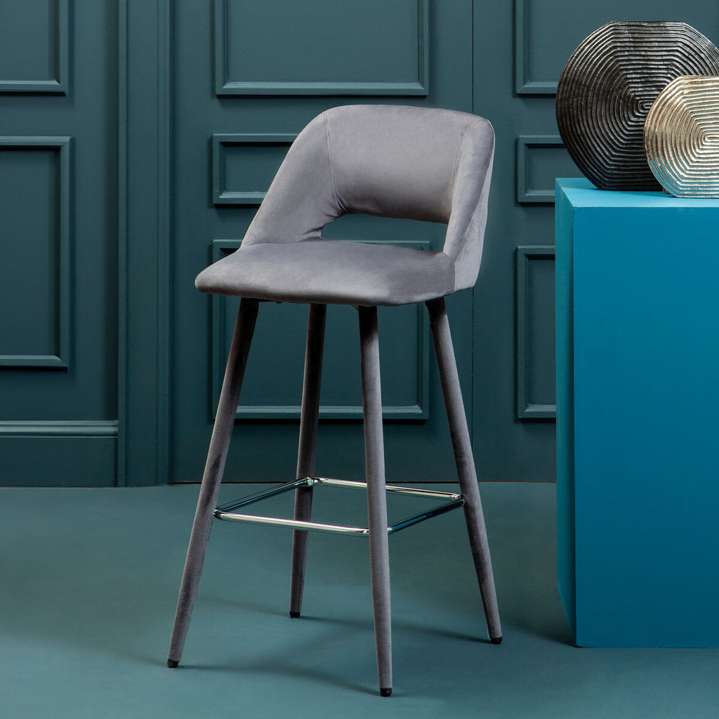 Warren Bar Chair | Grey Velvet Bar Chair with Silver Finish Footrest