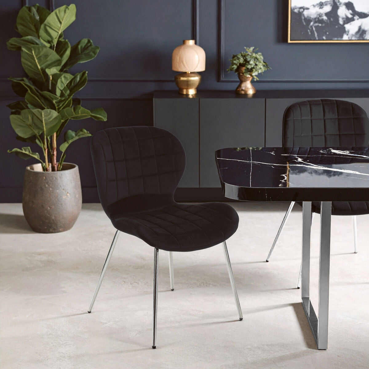 Warton Dining Chair | Black Velvet Quilted Dining Chair